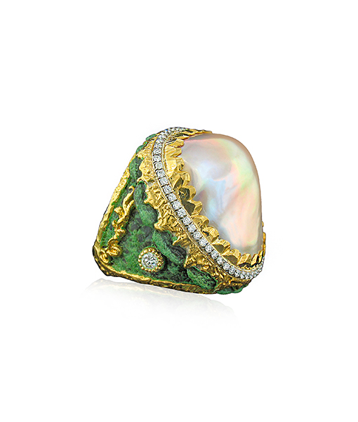 Victor Velyan Mauve Pearl Ring with Verde Patina