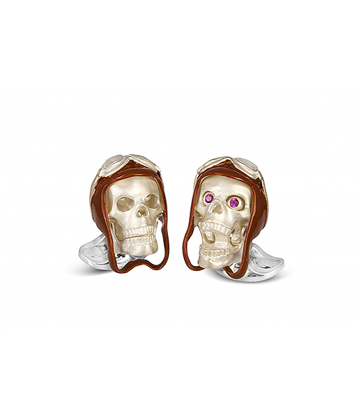 Deakin & Francis Sterling Silver Skull Cufflinks with Vintage Aviator Pilot Hat