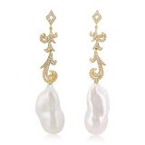 Long Diamond Earrings with Pearl Drops