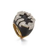 David Webb Black Enamel and Diamond Strap Ring