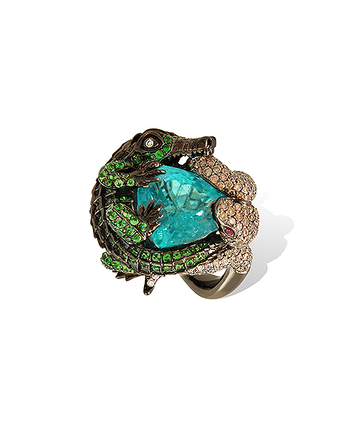 Lydia Courteille Paraiba Ring with Alligator and Snake