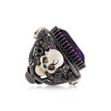 Lydia Courteille Amethyst and White Enamel Skull Ring