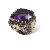 Lydia Courteille Amethyst and White Enamel Skull Ring