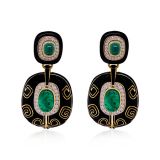 David Webb Lantern Cabochon Emerald Diamonds Black Enamel Earrings