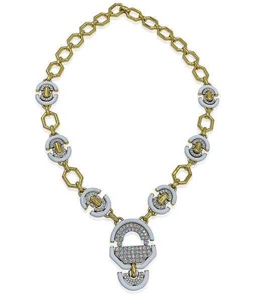 David Webb White Enamel and Diamond Necklace