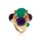 David Webb Emerald, Amethyst Coral Ring Diamonds