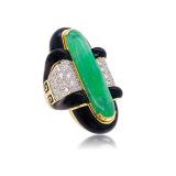 David Webb Cabochon Jade Diamond Ring Black Enamel