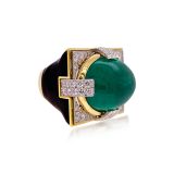 David Webb Grand Central Ring Cabochon Emerald Diamond Black Enamel