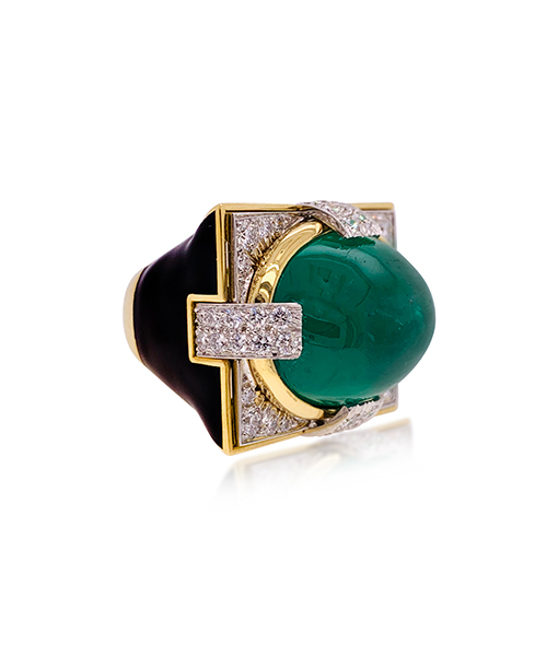 David Webb Grand Central Ring Cabochon Emerald Diamond Black Enamel