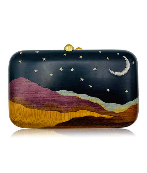 Silvia Furmanovich Marquetry Desert Moon Stars Clutch Light Brown Diamonds Citrine Clasp