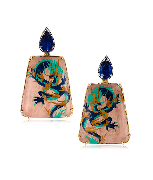 Silvia Furmanovich Dragon Marquetry Earrings Blue Sapphires Diamonds