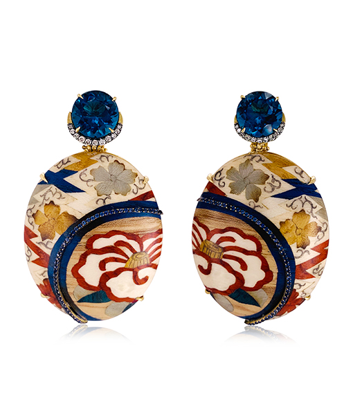 Silvia Furmanovich Oval Marquetry Carmellia Earrings Diamonds Blue Topaz Blue Sapphires SOLD!