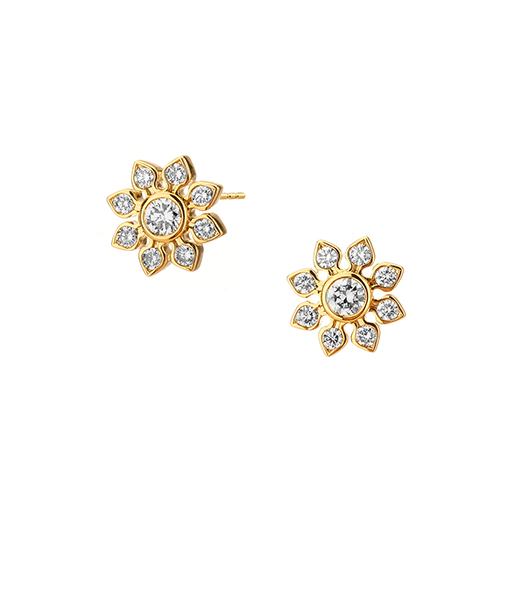 Syna Yellow Gold Mogul flower studs with champagne Diamonds