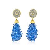 Victor Velyan Blue Sapphire Earring Drops with Diamond Tops