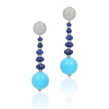 Andreoli Earrings with Carved Blue Sapphires Diamond Rondles and Large Turquoise Ball Drop