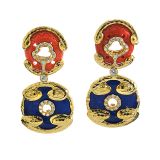 David Webb Scroll Disk Coral and Lapis Earrings with Diamonds