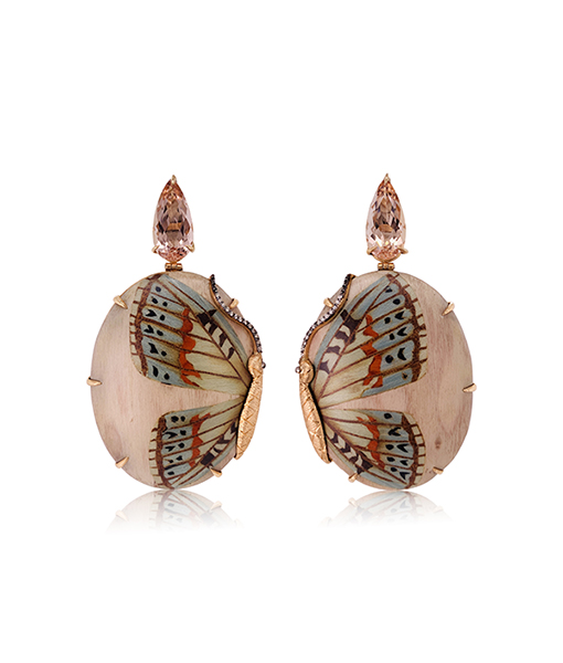 Silvia Furmanovich Blue Butterfly Marquetry on Pink Earrings with Light Brown Diamonds and Morganite