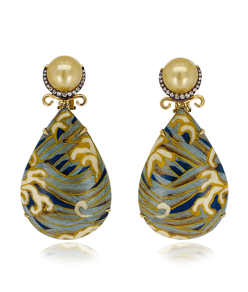 Silvia Furmanovich Obi Marquetry Wave Pearl Drop Earrings with Light Brown Diamonds South Sea Pearl