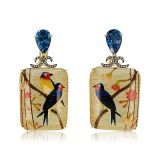 Silvia Furmanovich Marquetry Bird Earrings with Diamonds and Blue Topaz