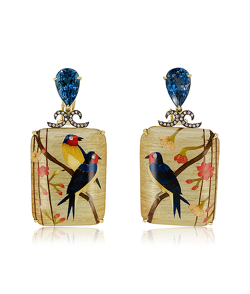 Silvia Furmanovich Marquetry Bird Earrings with Diamonds and Blue Topaz