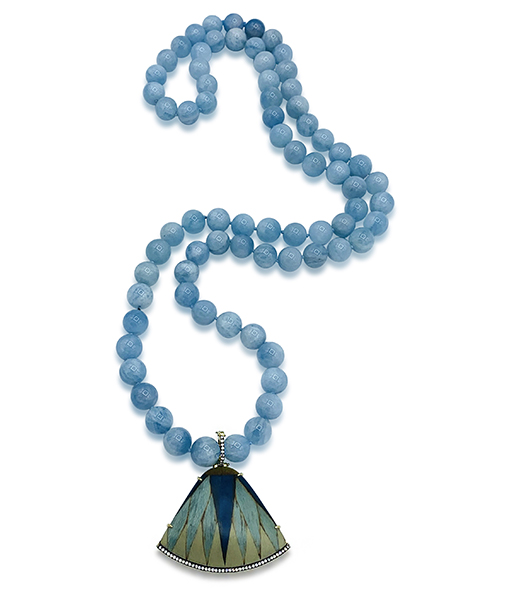 Silvia Furmanovich Marquetry Blue Leaf Pendant with Diamonds on Aquamarine Beads