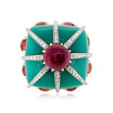 Tony Duquette Chrysoprase Ruby and Diamond Ring