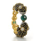 David Webb Twin Frog Bracelet with Carved Emerald and Brilliant cut Diamonds in Black Enamel