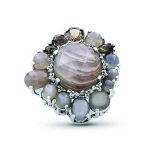 Stephen Dweck Natural Quartz,Botswana Agate, faceted and Cabochon Moonstone Ring