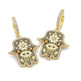 Buddha Mama Hamsa Huggie Diamond Earrings Grey Enamel