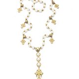 Buddha Mama White Quartz Rosary Necklace set with Cross Charms set, Diamond Accents Wire Wrapping in Between Beads