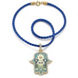 Buddha Mama Medium Hamsa Pendant with Diamond frame and Diamond Enhancer Bail, white and Blue Sky Enamel