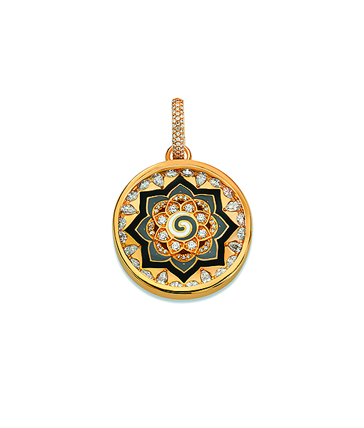 Buddha Mama Black Mandala Rock Crystal Pendant set with Diamonds Grey and Brown Enamel.