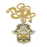 Buddha Mama Large Hamsa Pendant with Diamond frame and Diamond Enhancer Bail, Army, white and Beige Enamel