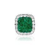 Bayco Carved Zambian Emerald and Rose cut Diamond Ring