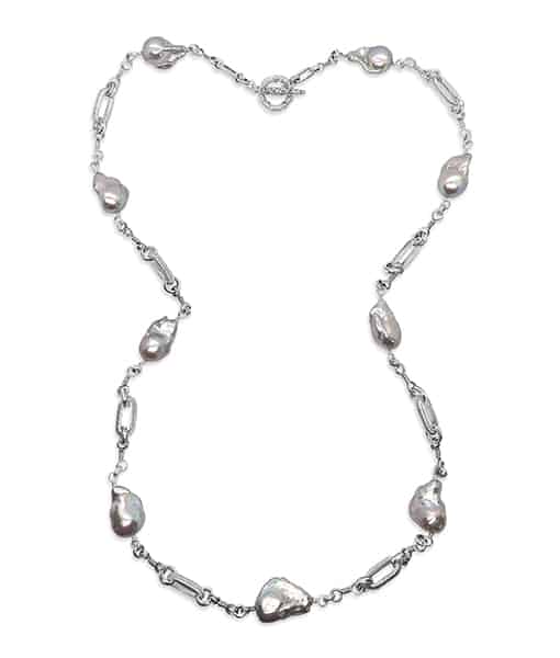 Stephen Dweck Natural Large Baroque Pearl Necklace Linked to Hand Detailed Engraves Sterling Silver Link Chain