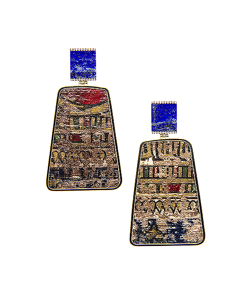 Silvia Furmanovich Antique Papyrus Egypt Pattern Earrings with Lapis and Diamonds