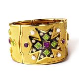 Verdura Maltese Cross Bracelet Gold, Enamel,Tanzanite,Tsavorite Garnet, Cultured Pearl and Diamond