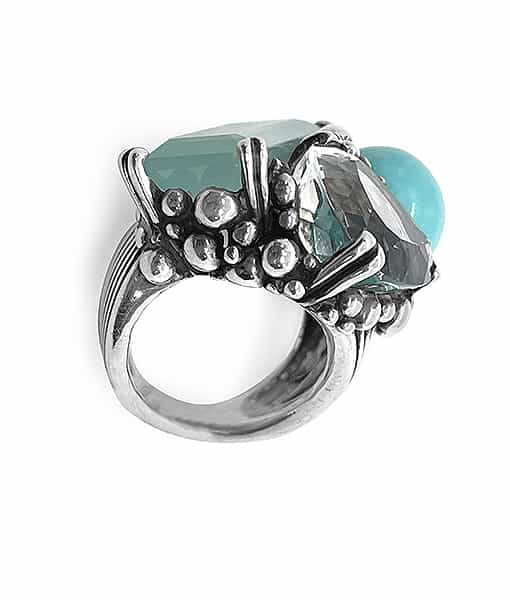 Stephen Dweck Aqua Chalcedony, Turquoise and Natural Quartz Ring in Sterling Silver