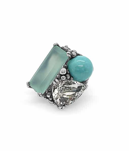 Stephen Dweck Aqua Chalcedony, Turquoise and Natural Quartz Ring in Sterling Silver