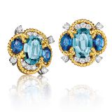 Verdura Quatrefoil Earclips in Aquamarine and Sapphire