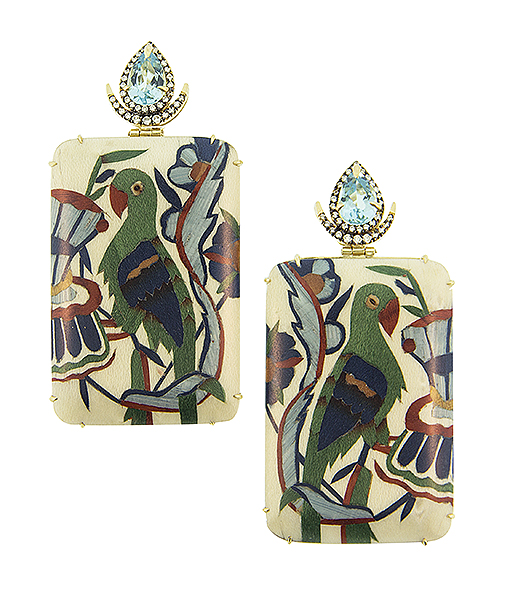 Silvia Furmanovich Floral Arabwsque and Bird Maqruetry Earrings with Blue Topaz and Diamonds