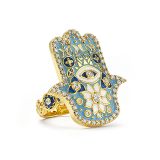 Buddha Mama Sky Blue Hamsa Ring with Diamond, Navy and White Enamel