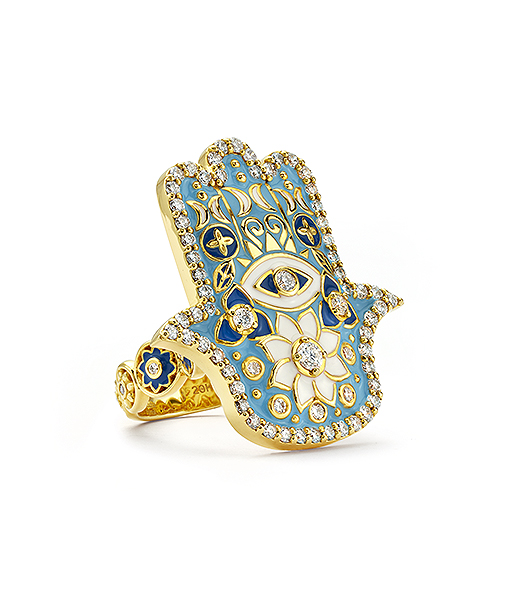 Buddha Mama Sky Blue Hamsa Ring with Diamond, Navy and White Enamel