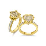 Buddha Mama Diamond Ring Pave Heart and Pave Star Ring with Diamond Baguettes on Shank