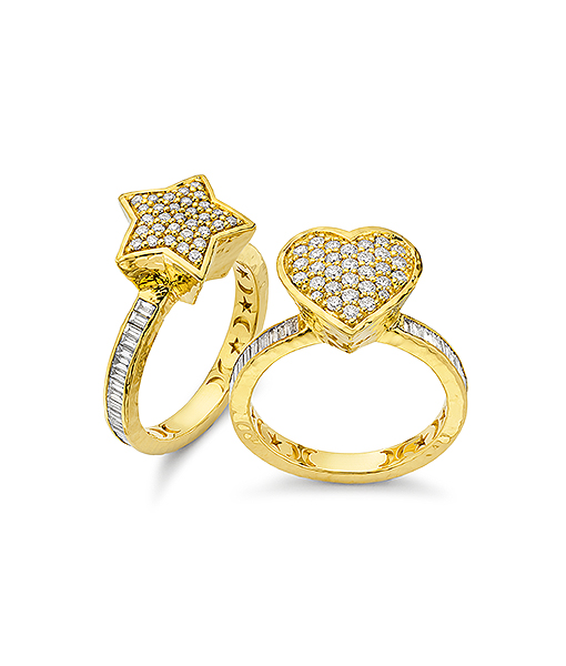 Buddha Mama Diamond Ring Pave Heart and Pave Star Ring with Diamond Baguettes on Shank