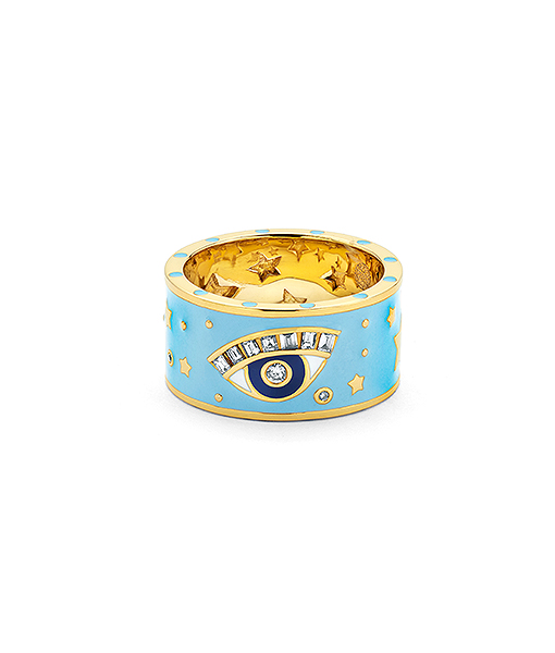 Buddha Mama Diamond Ring, Sky Blue Enamel Evil Eye Band With Navy Blue Eye