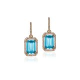 Goshwara Blue Topaz Emerald Cut Earrings with Diamond Trim