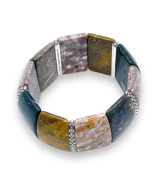 Garden of Stephen Sculpted Jasper Slip-On Bracelet with Flower Engraved Sterling Silver Spacers