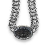 Stephen Dweck Legacy Hand Carved Tahitian Mother of Pearl and Champagne Diamond Necklace in Woven Sterling Silver