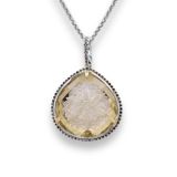 Stephen Dweck Carventurous Internally Carved Natural Quartz Gold Lining with Champagne Diamonds Necklace in Sterling Silver with 18K Gold Flowers